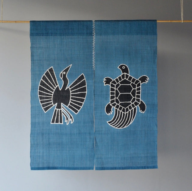 Yotsume Dye House -  Noren Curtain "Crane and Tortoise"